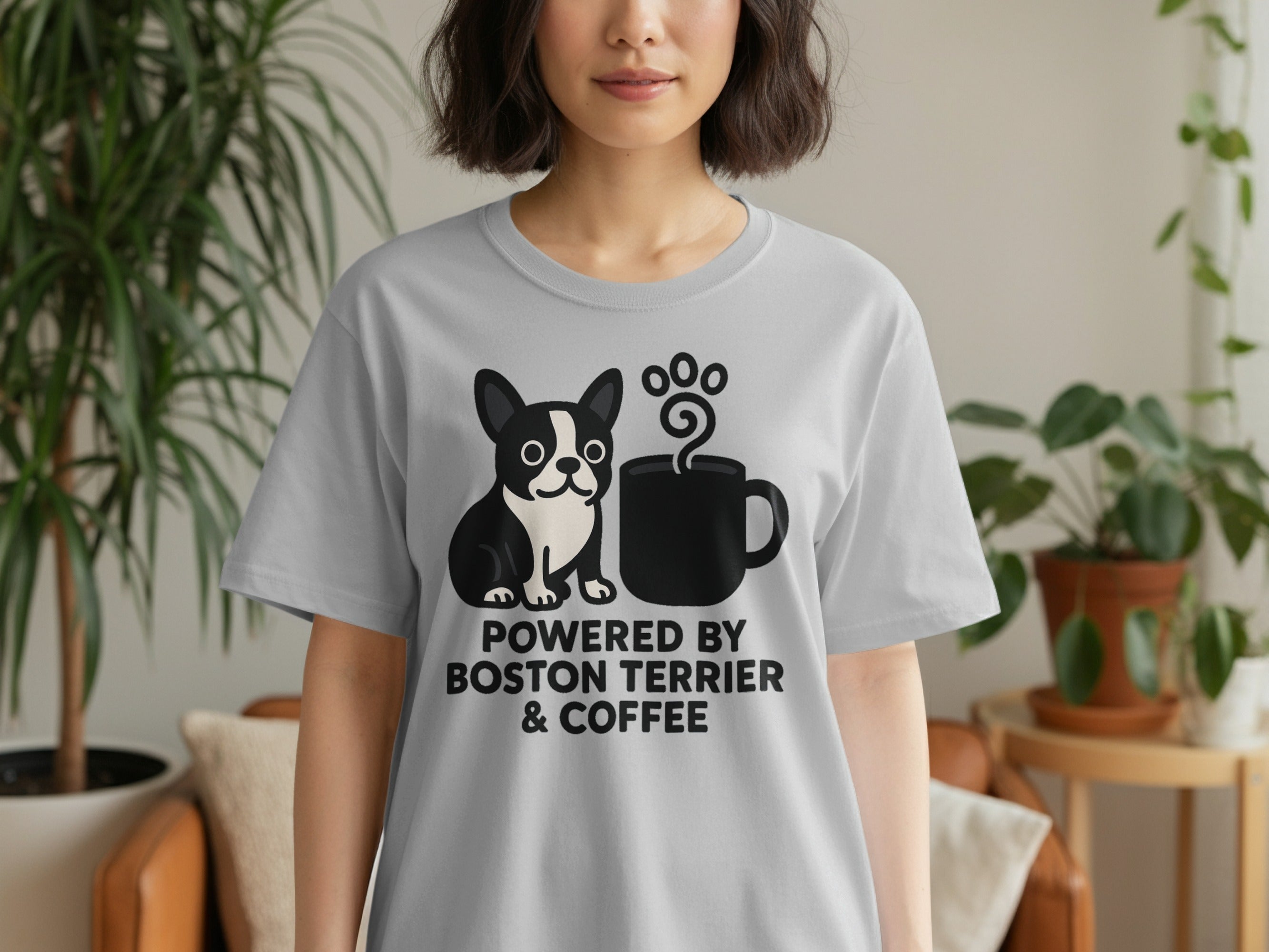 Gray t-shirt with Boston Terrier and coffee mug graphic, text "POWERED BY BOSTON TERRIER & COFFEE"