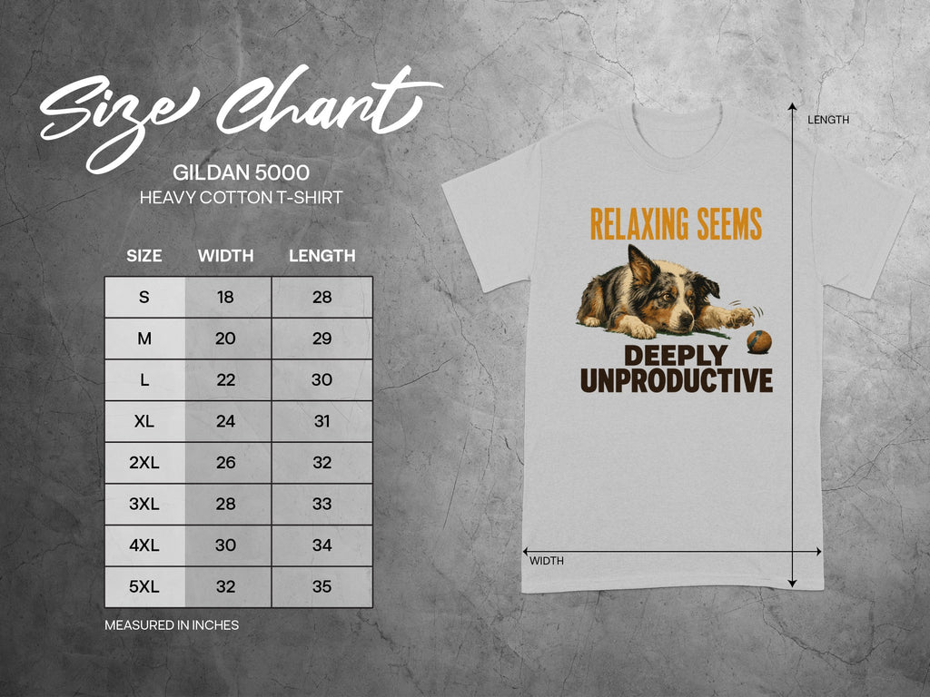 Gildan 5000 Heavy Cotton T-Shirt size chart and graphic.
