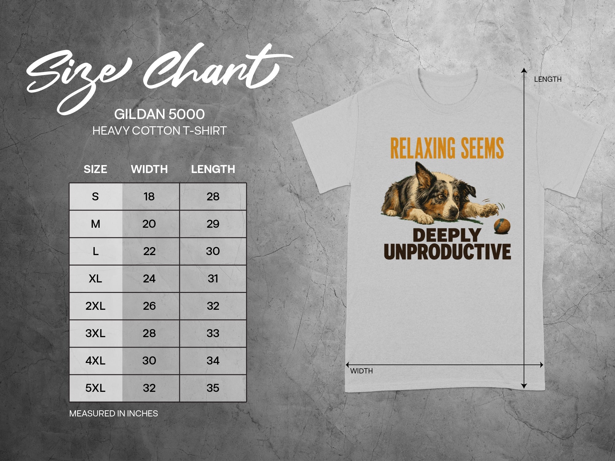 Gildan 5000 Heavy Cotton T-Shirt size chart and graphic.