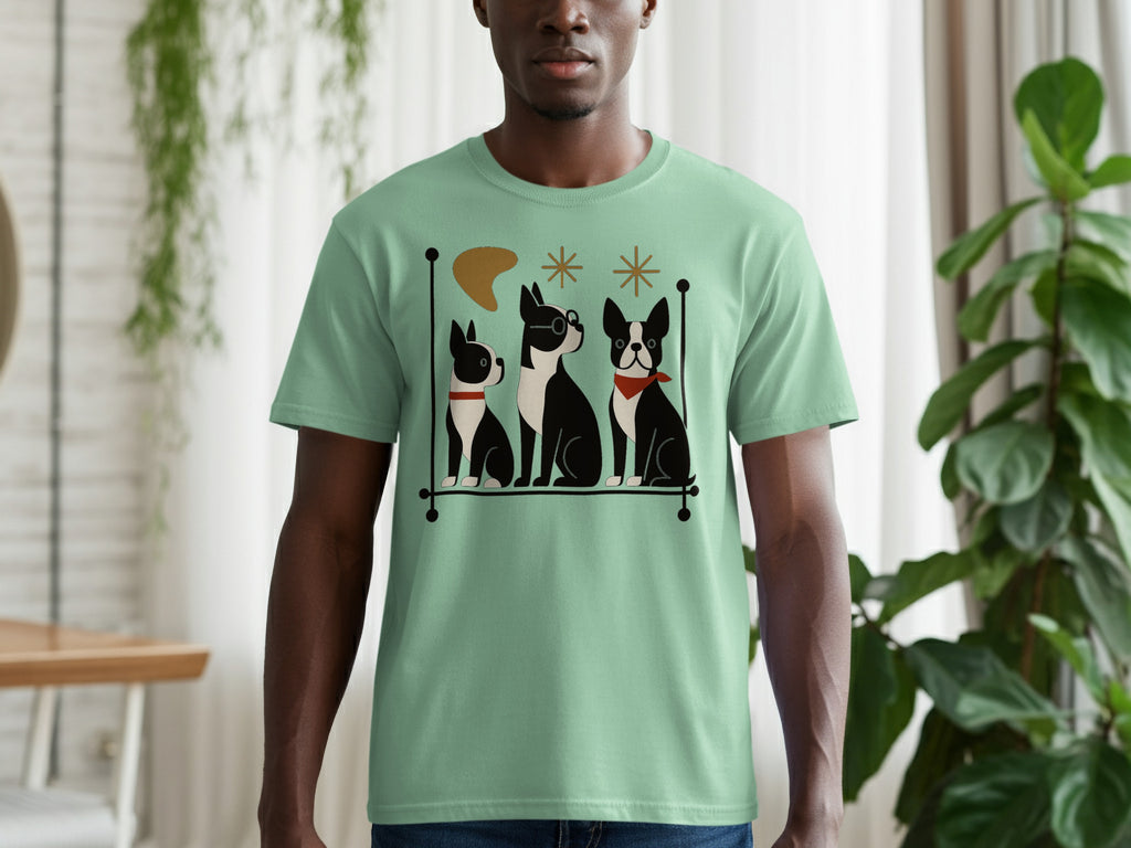 Light green t-shirt featuring a retro graphic of three Boston terriers.