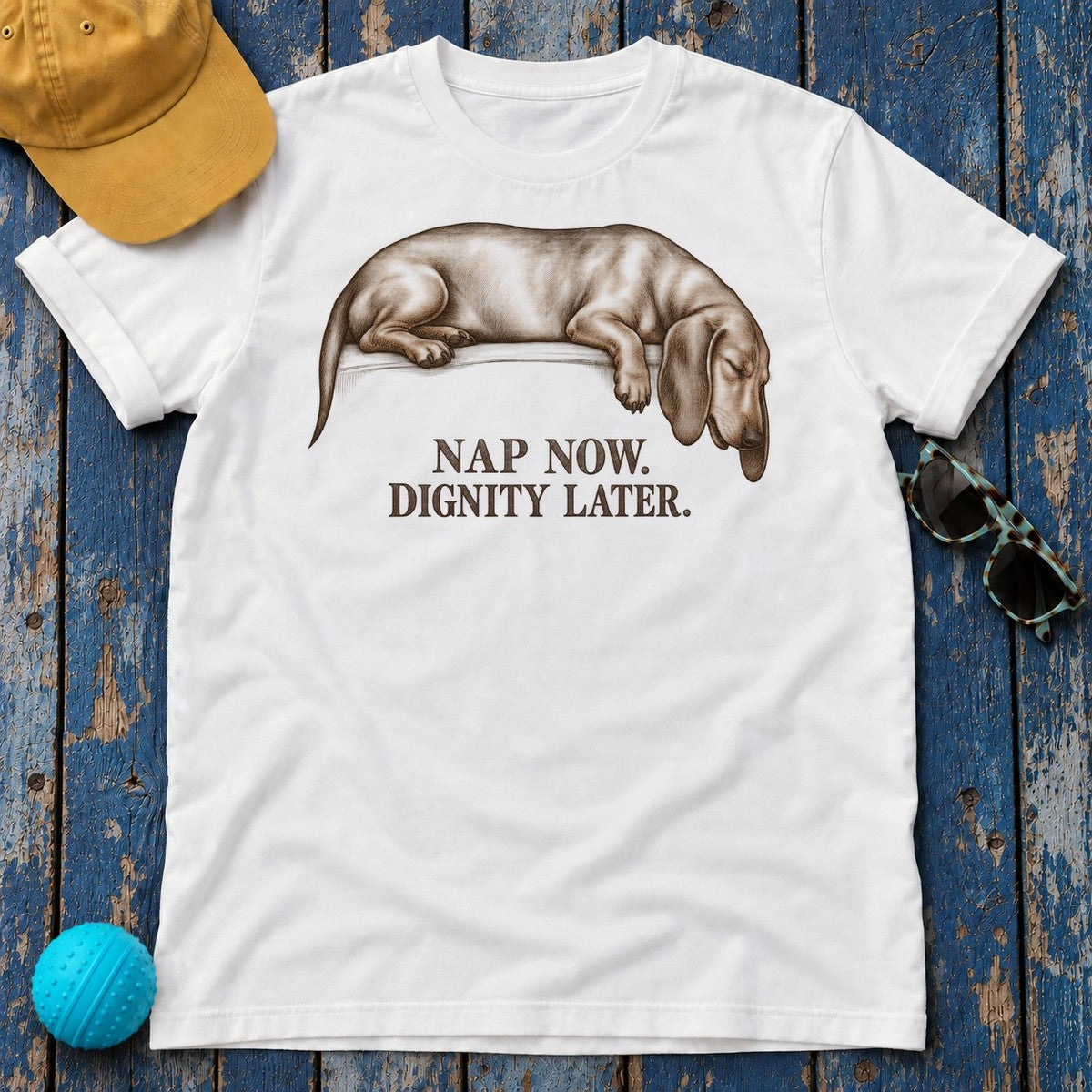 Nap Now Dignity Later Dachshund T-Shirt in White - flat lay