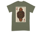 Queen of Hearts card featuring a dachshund wearing a crown, printed on a green t-shirt.