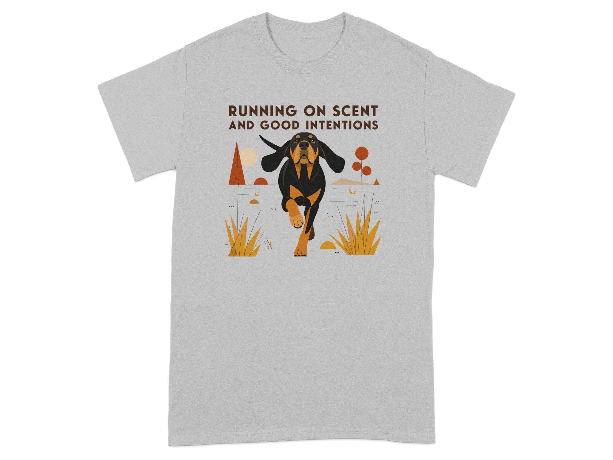 Grey t-shirt with a dog running and the text "RUNNING ON SCENT AND GOOD INTENTIONS".