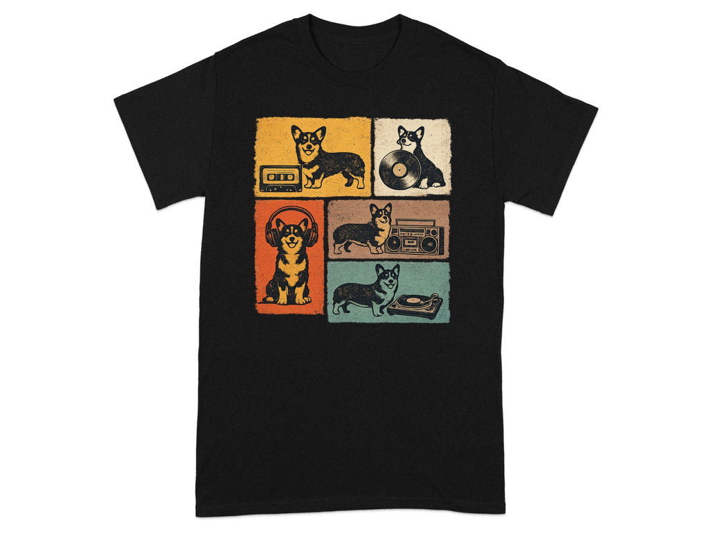 Corgi dogs with a cassette tape, vinyl record, headphones, boombox, and turntable.