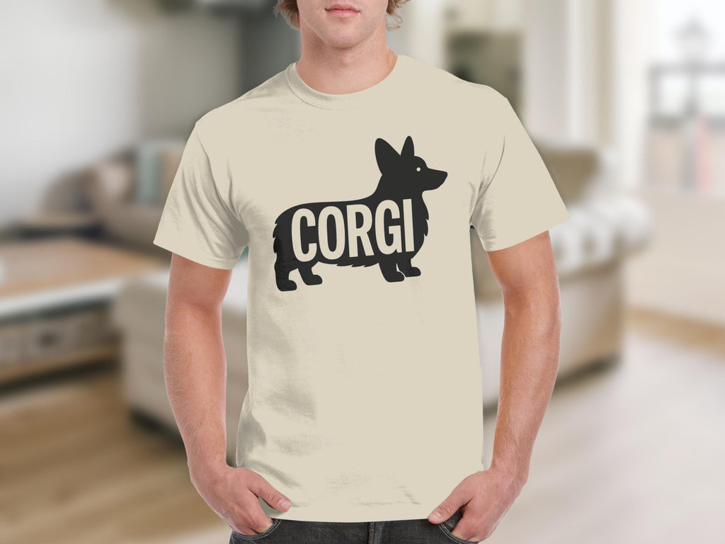 Beige t-shirt with black corgi silhouette and "CORGI" text graphic.