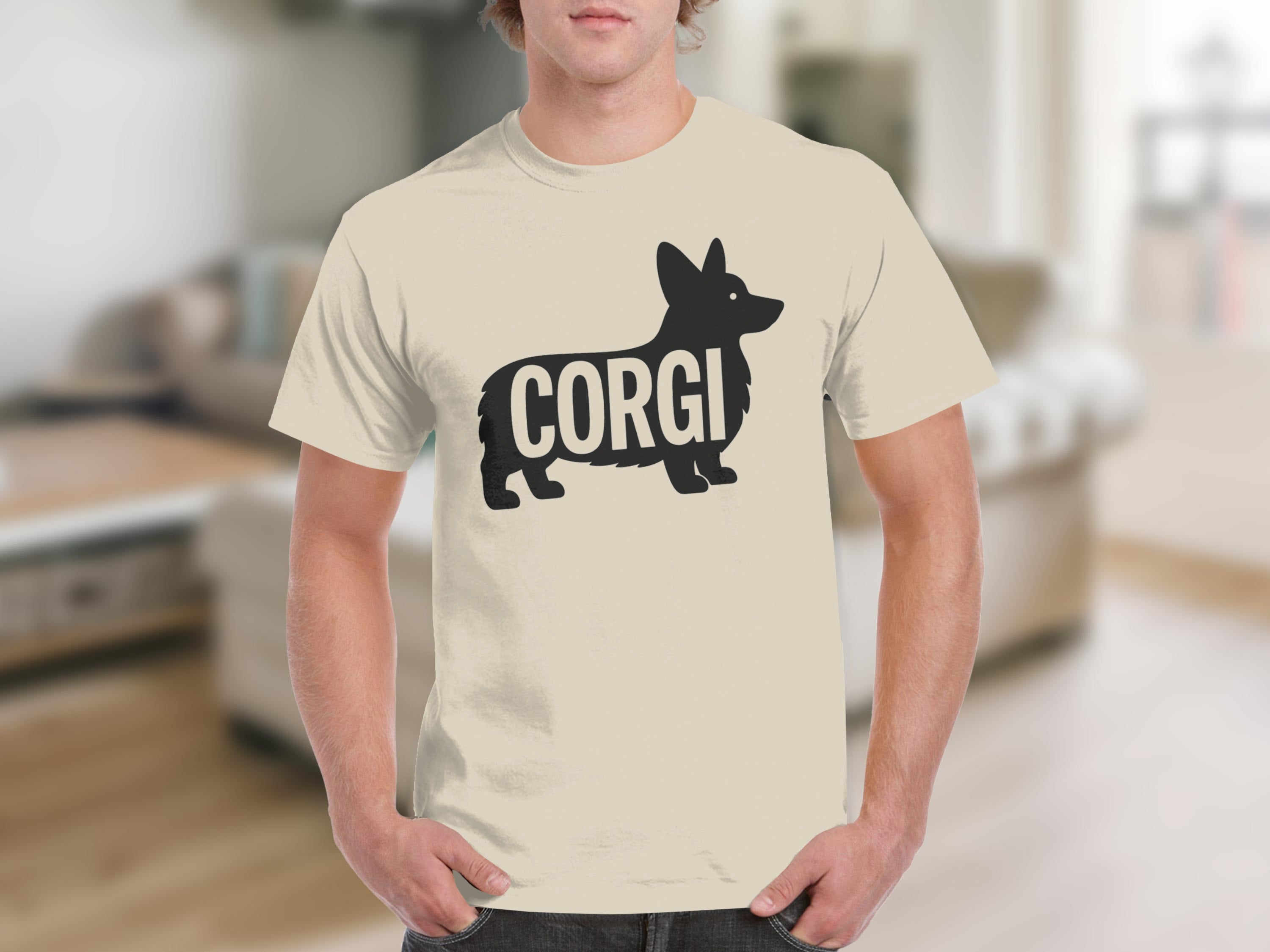 Beige t-shirt with black corgi silhouette and "CORGI" text graphic.