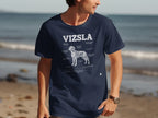 Vizsla t-shirt with diagram of dog features and playful text.