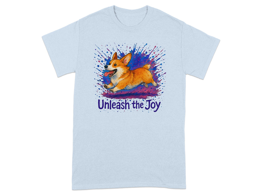 Light blue t-shirt with a running corgi and "Unleash the Joy" text.