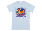 Light blue t-shirt with a running corgi and "Unleash the Joy" text.