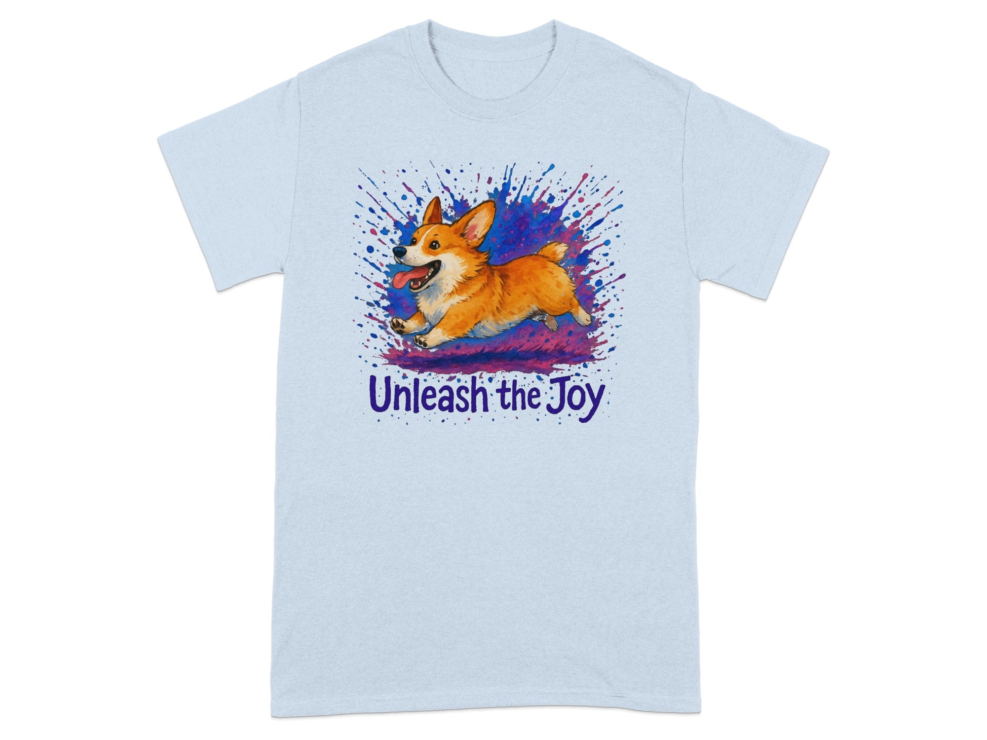 Light blue t-shirt with a running corgi and "Unleash the Joy" text.