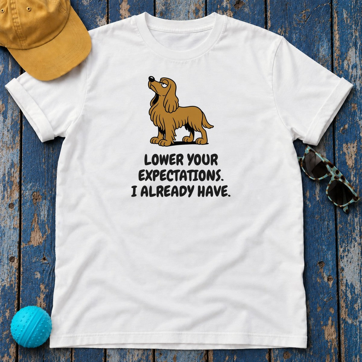 Sussex Spaniel Lower Your Expectations Tee in White