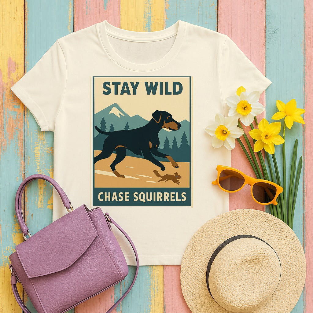 Doberman Stay Wild Chase Squirrels Tee in Natural