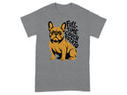 French bulldog illustration with "FULL TIME COUCH POTATO" text on a gray t-shirt.