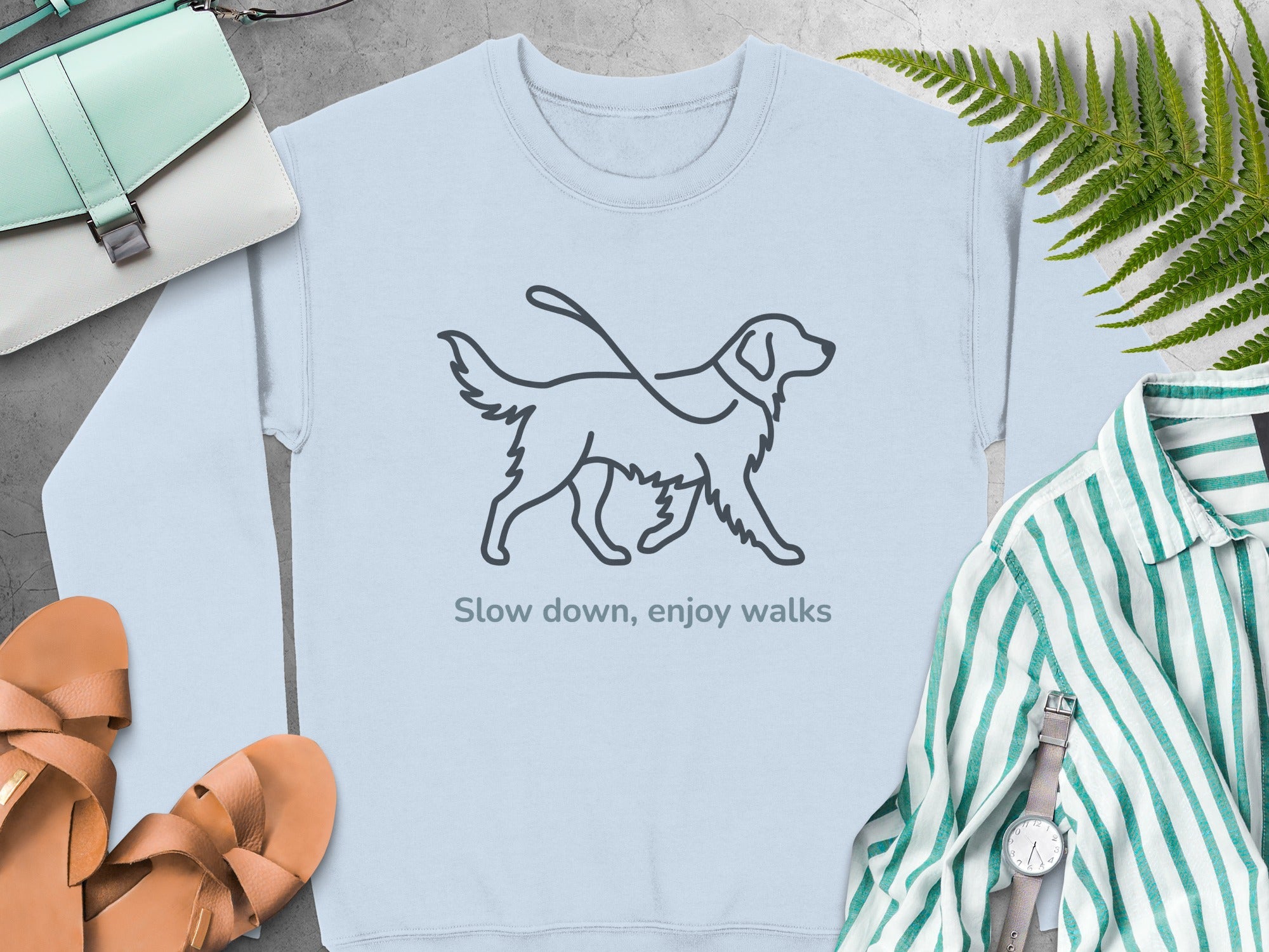 Light blue sweatshirt with a line drawing of a dog on a leash and text "Slow down, enjoy walks".