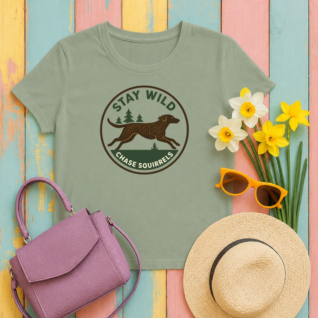 Curly-Coated Retriever Stay Wild Chase Squirrels Tee in Sage