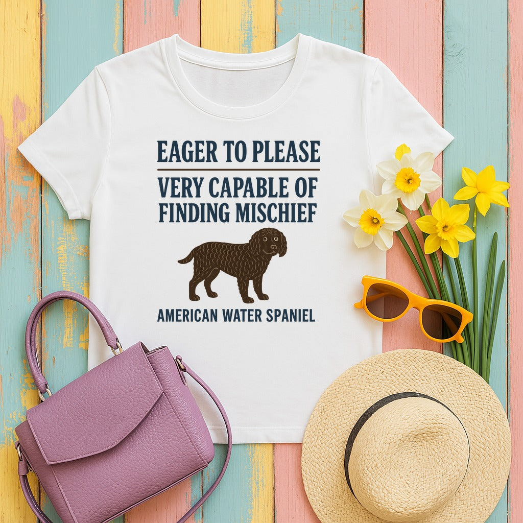 American Water Spaniel Eager To Please And Finding Mischief Tee in White