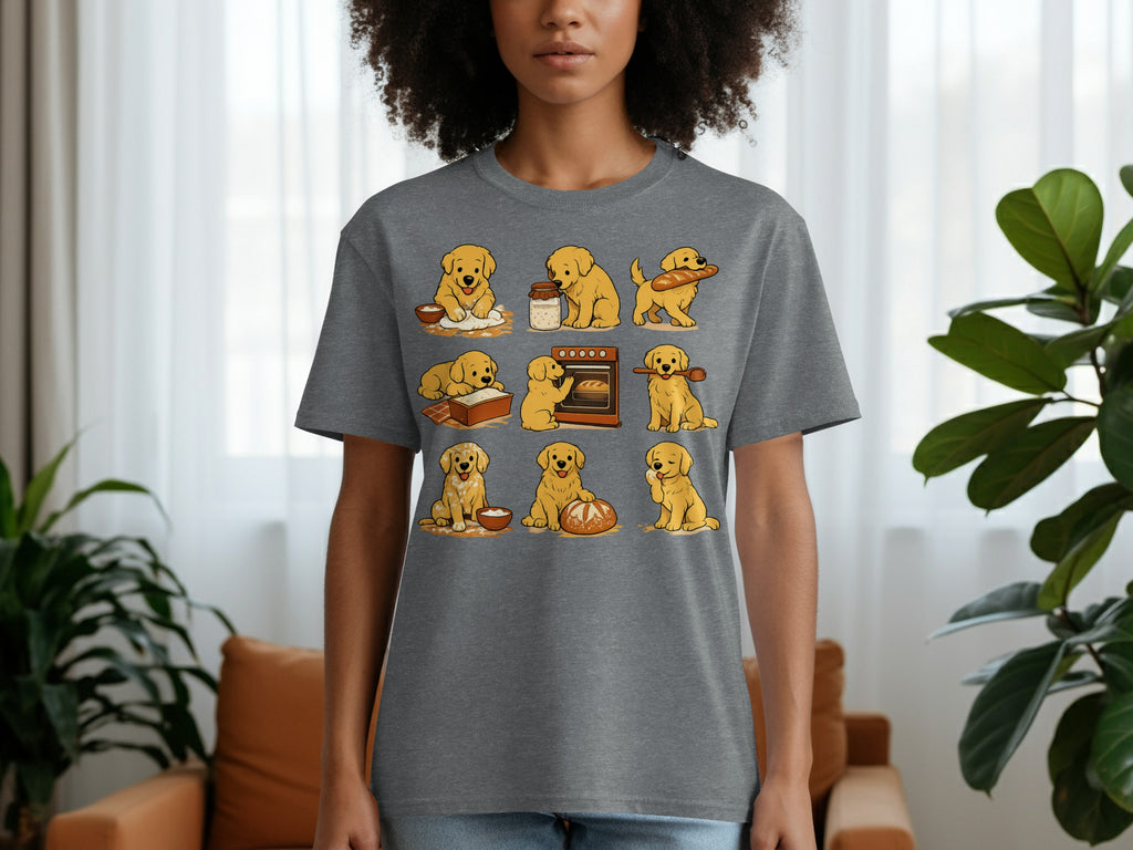 A grey t-shirt with a collage of nine cartoon golden retriever puppies baking bread.