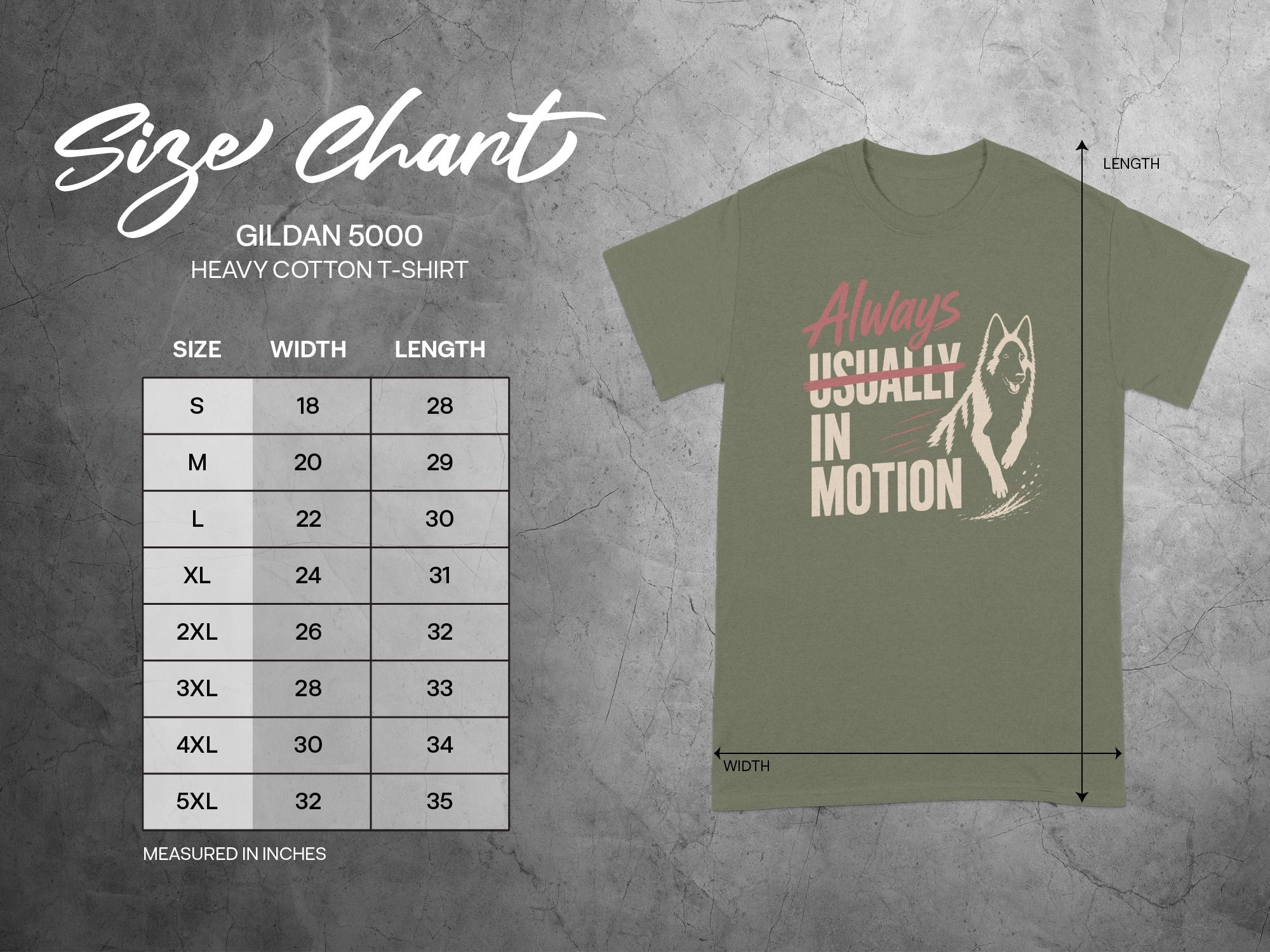 Gildan 5000 Heavy Cotton T-shirt size chart with measurements.