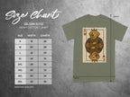 Gildan 5000 Heavy Cotton T-Shirt size chart with dog king card graphic.