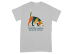 Grey t-shirt with geometric dog graphic and text.