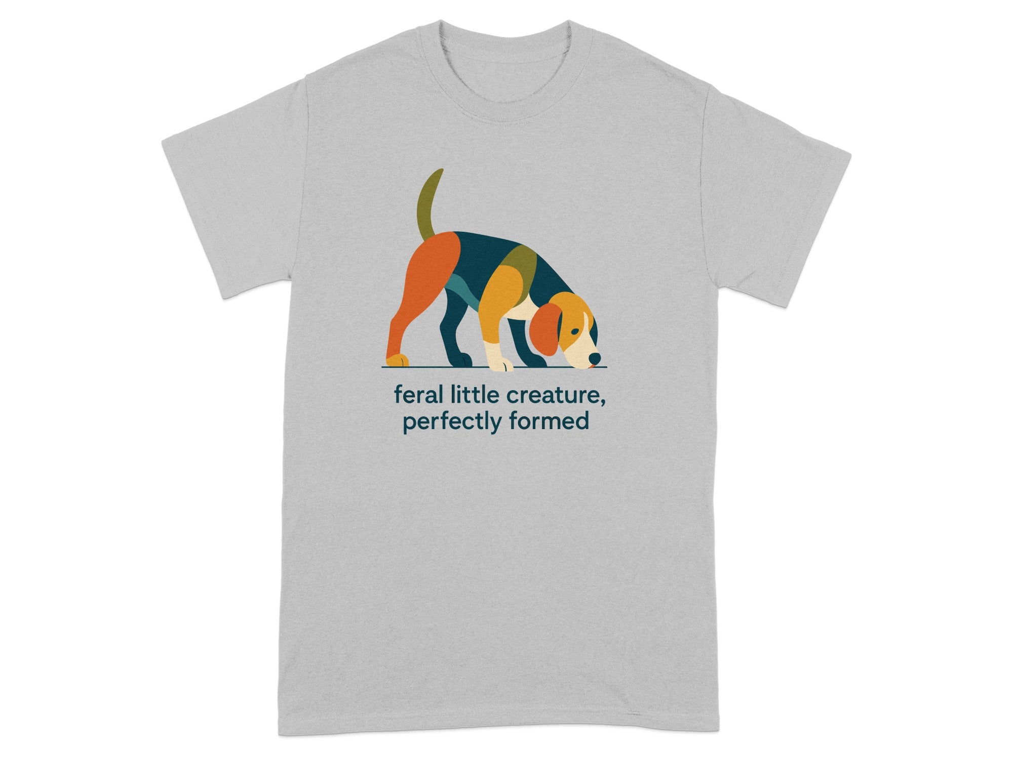 Grey t-shirt with geometric dog graphic and text.