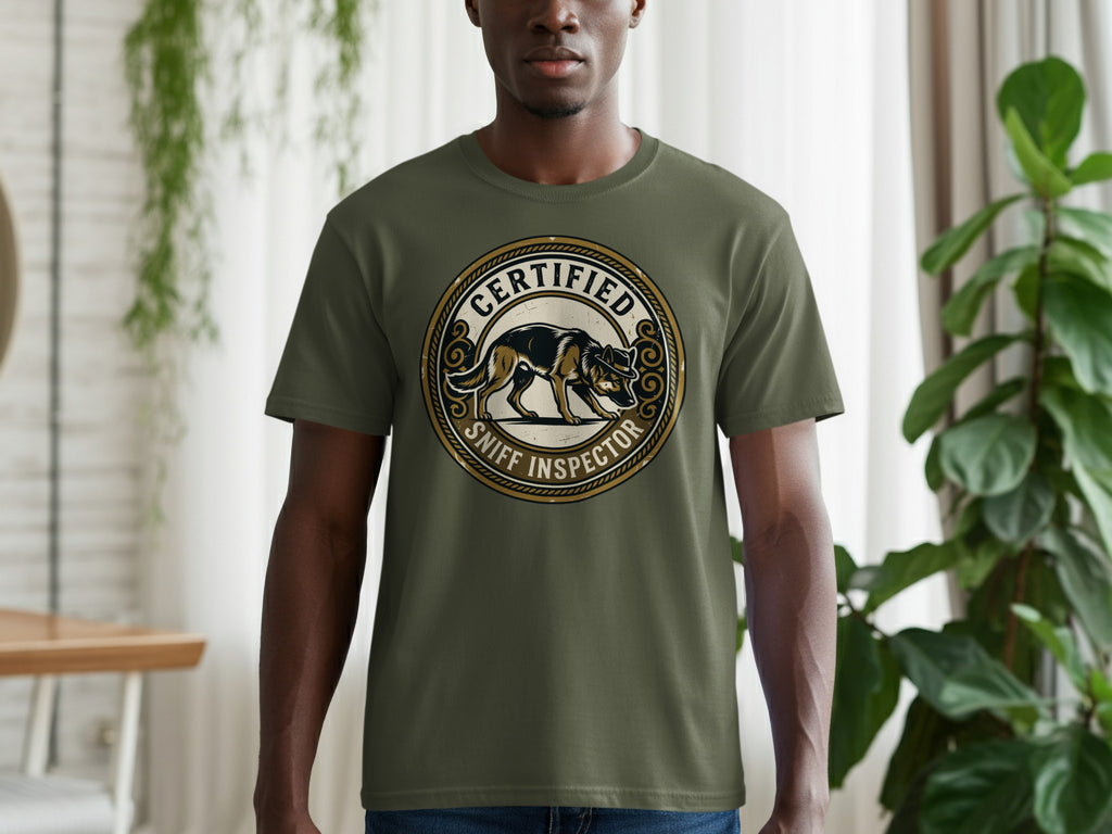 Green t-shirt with a "Certified Sniff Inspector" circular logo featuring a dog.