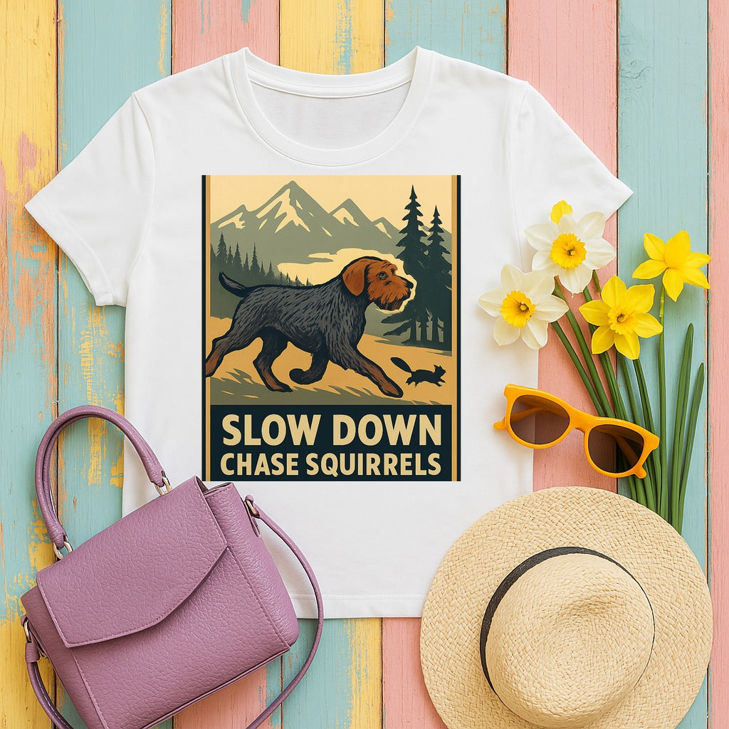 Wirehaired Pointing Griffon Slow Down Chase Squirrels T-shirt in White