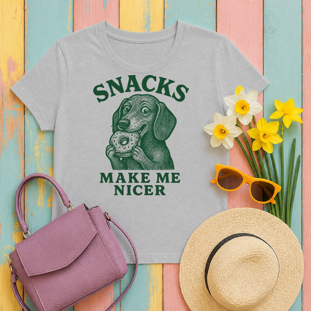 Snacks Make Me Nicer Dachshund T-Shirt in Sport Grey