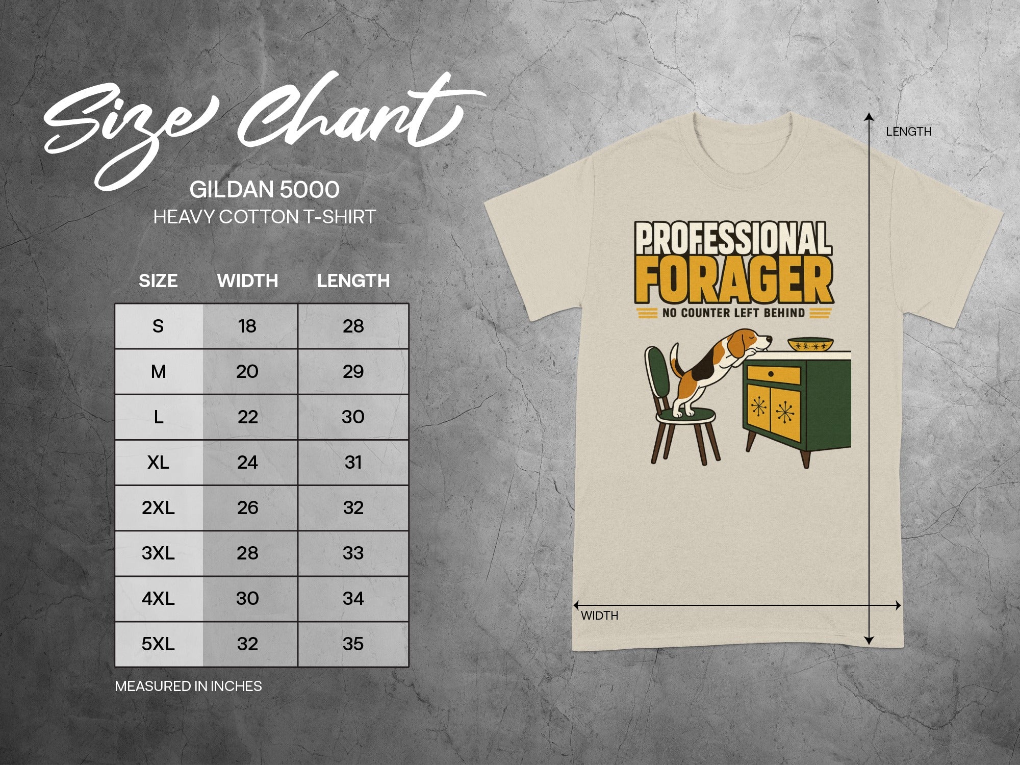 Gildan 5000 size chart with "Professional Forager" t-shirt.