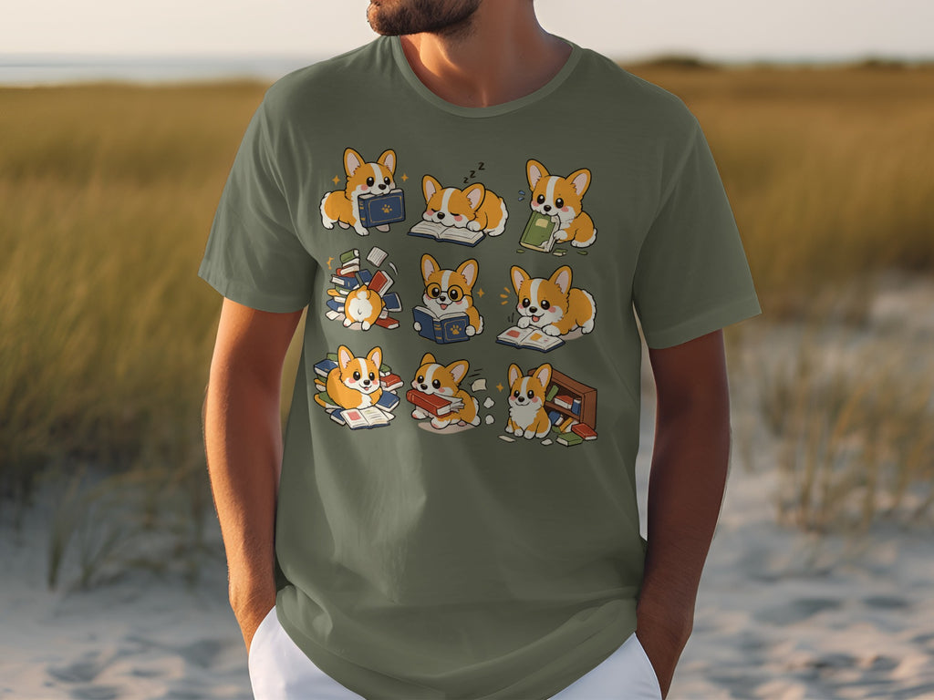 T-shirt with a graphic of nine corgis interacting with books.
