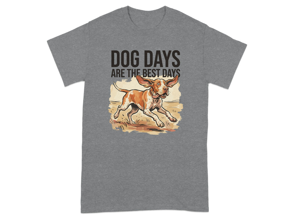 Grey t-shirt with illustration of running dog and text "DOG DAYS ARE THE BEST DAYS".
