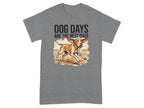 Grey t-shirt with illustration of running dog and text "DOG DAYS ARE THE BEST DAYS".