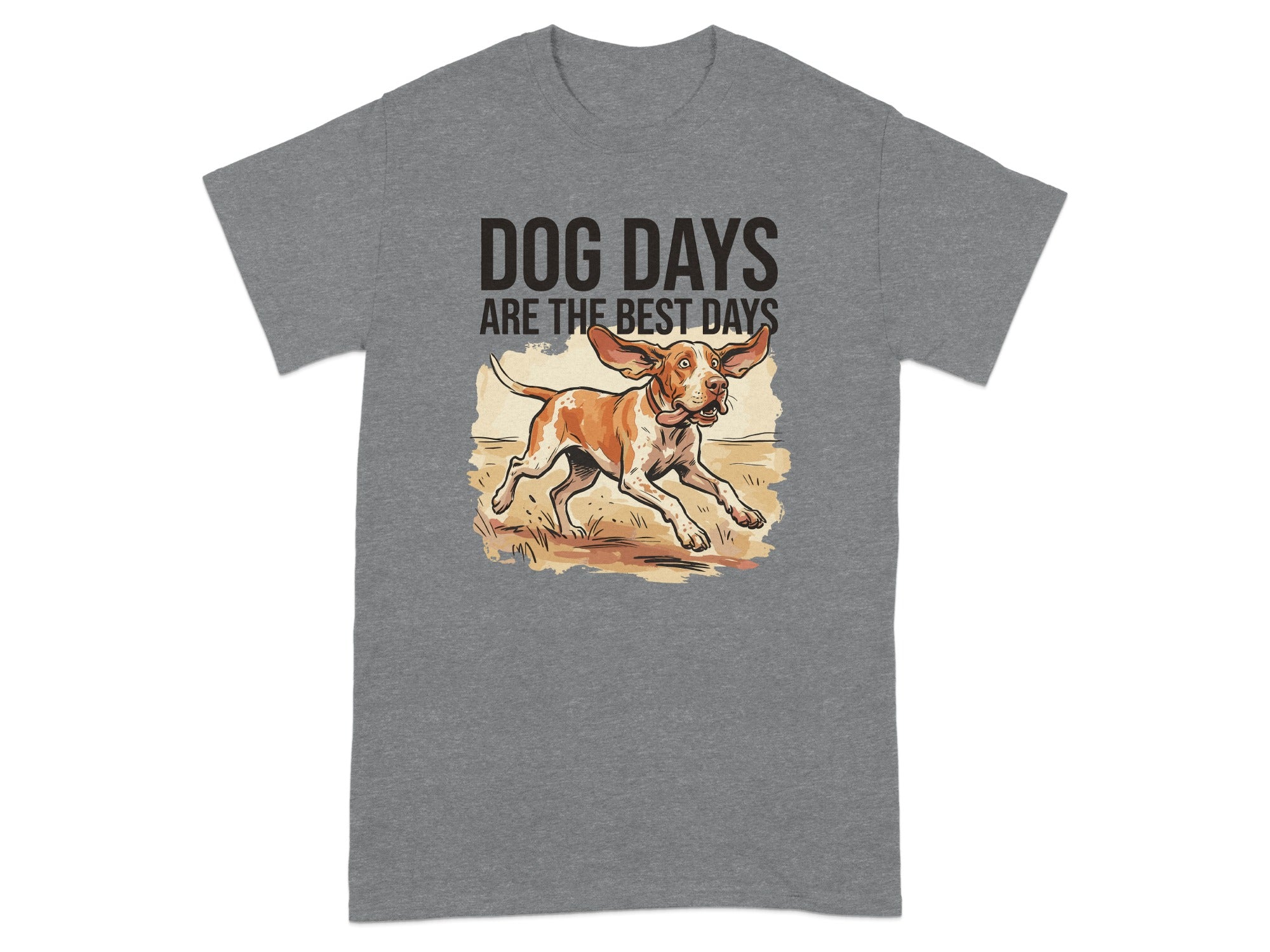 Grey t-shirt with illustration of running dog and text "DOG DAYS ARE THE BEST DAYS".