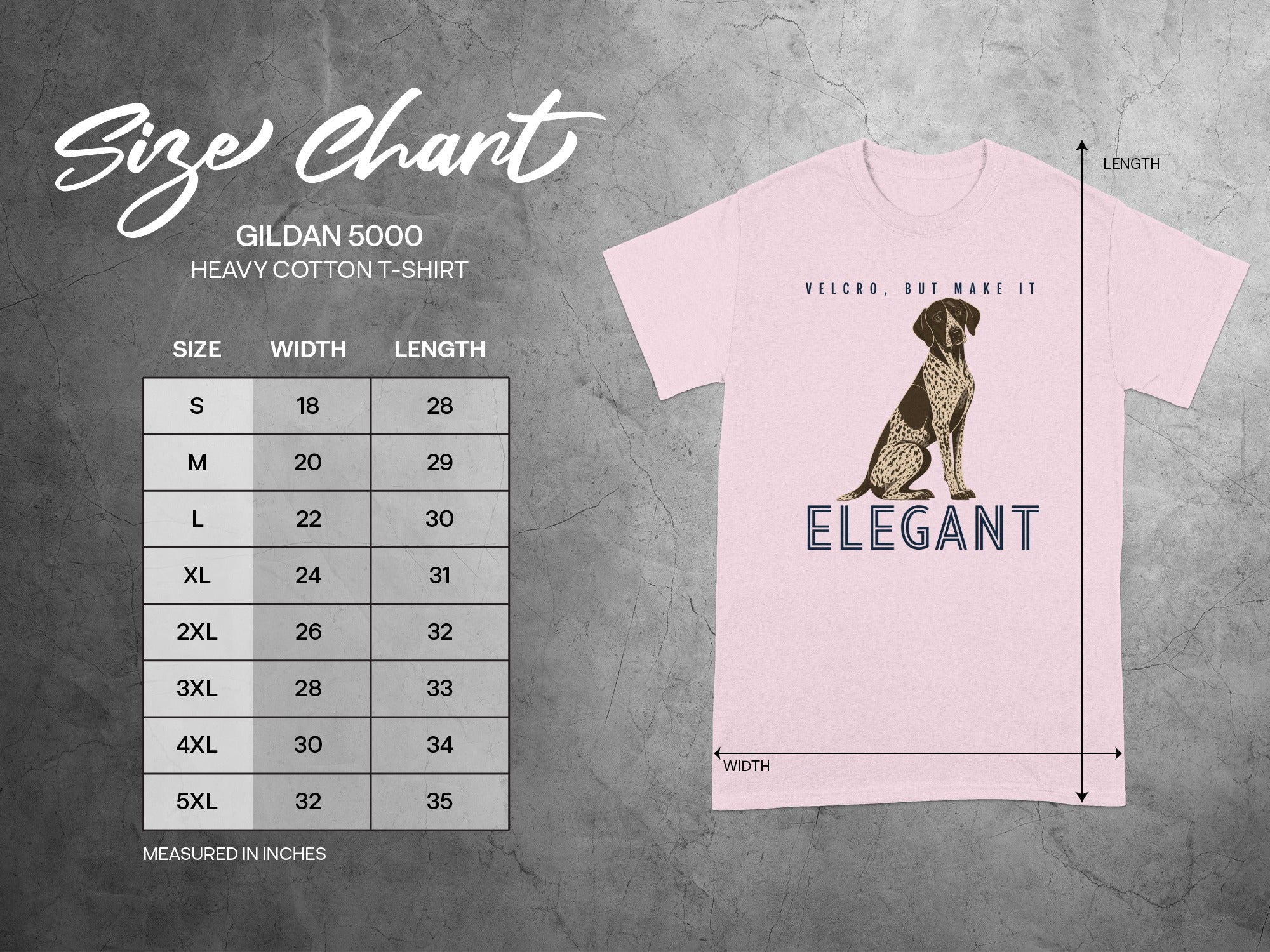 Gildan 5000 size chart and a dog t-shirt with "Elegant" text.