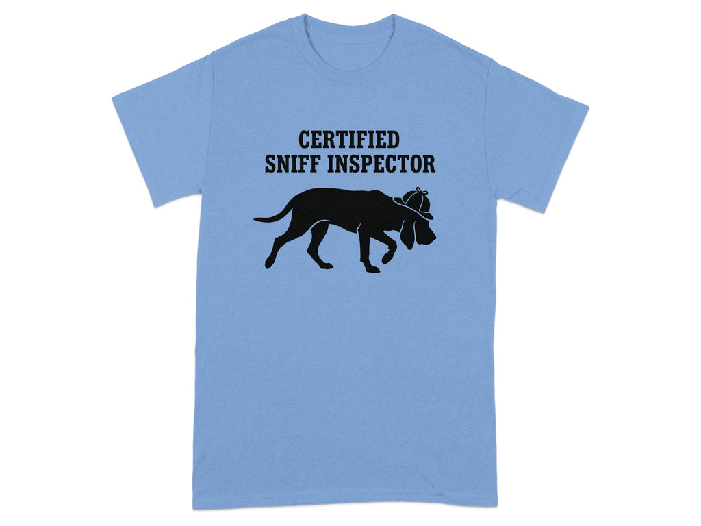Blue t-shirt with black silhouette of a dog wearing a detective hat, text "Certified Sniff Inspector".
