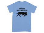 Blue t-shirt with black silhouette of a dog wearing a detective hat, text "Certified Sniff Inspector".