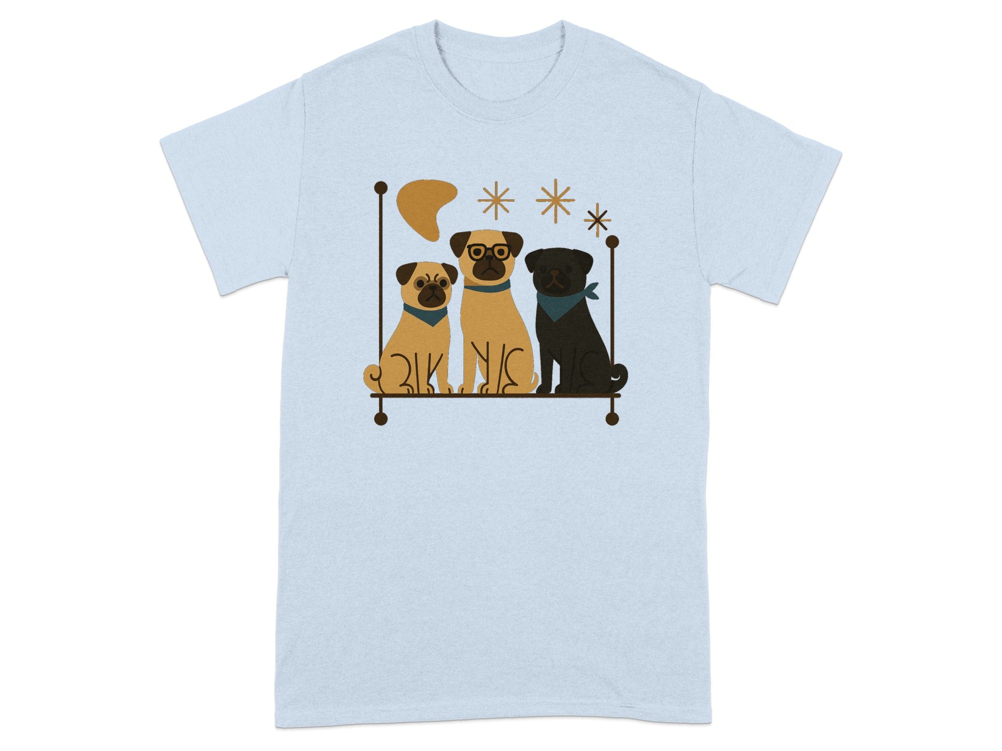 Three pugs sitting on a shelf with stylized stars and a boomerang shape.