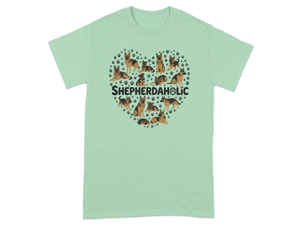 Heart-shaped collage of German Shepherd dogs and paw prints with text "SHEPHERDAHOLIC".