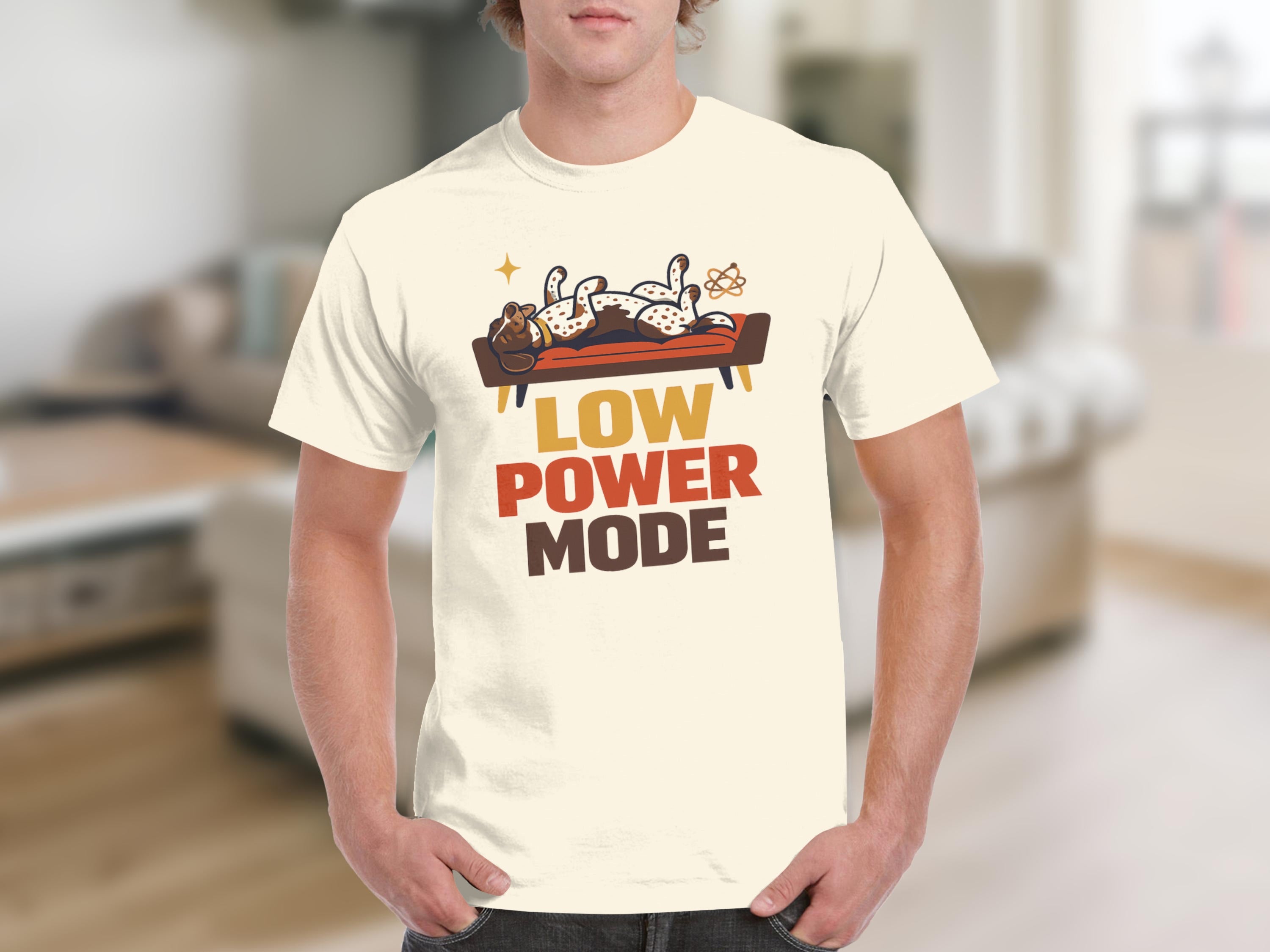 Cream t-shirt with "LOW POWER MODE" text and lounging dogs graphic.