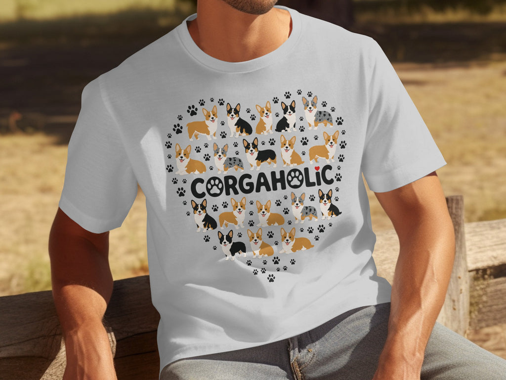 Corgi heart graphic on a white t-shirt, with "CORGAHOLIC" text.