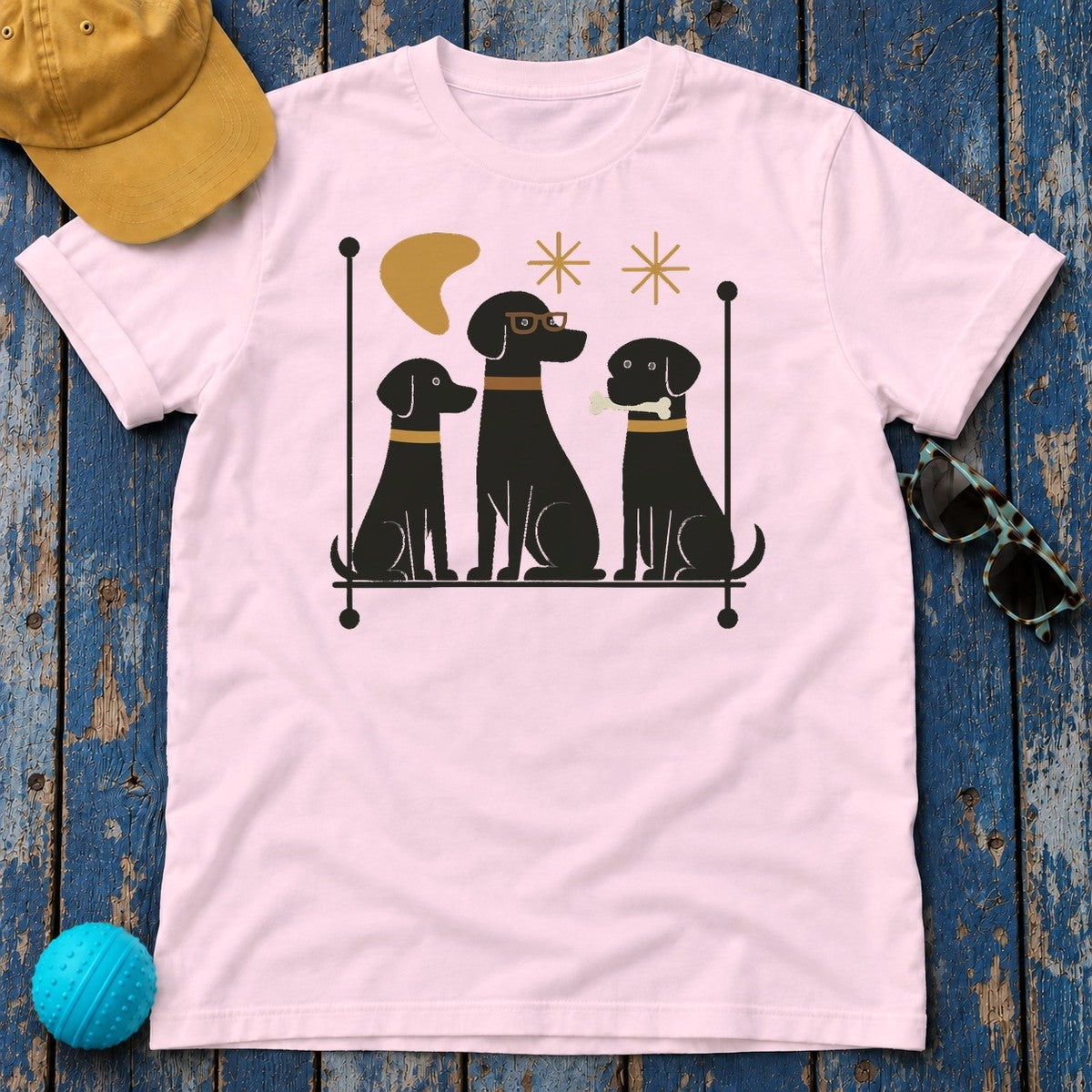 Mid-Century Black Labrador Retriever T-Shirt in Light Pink