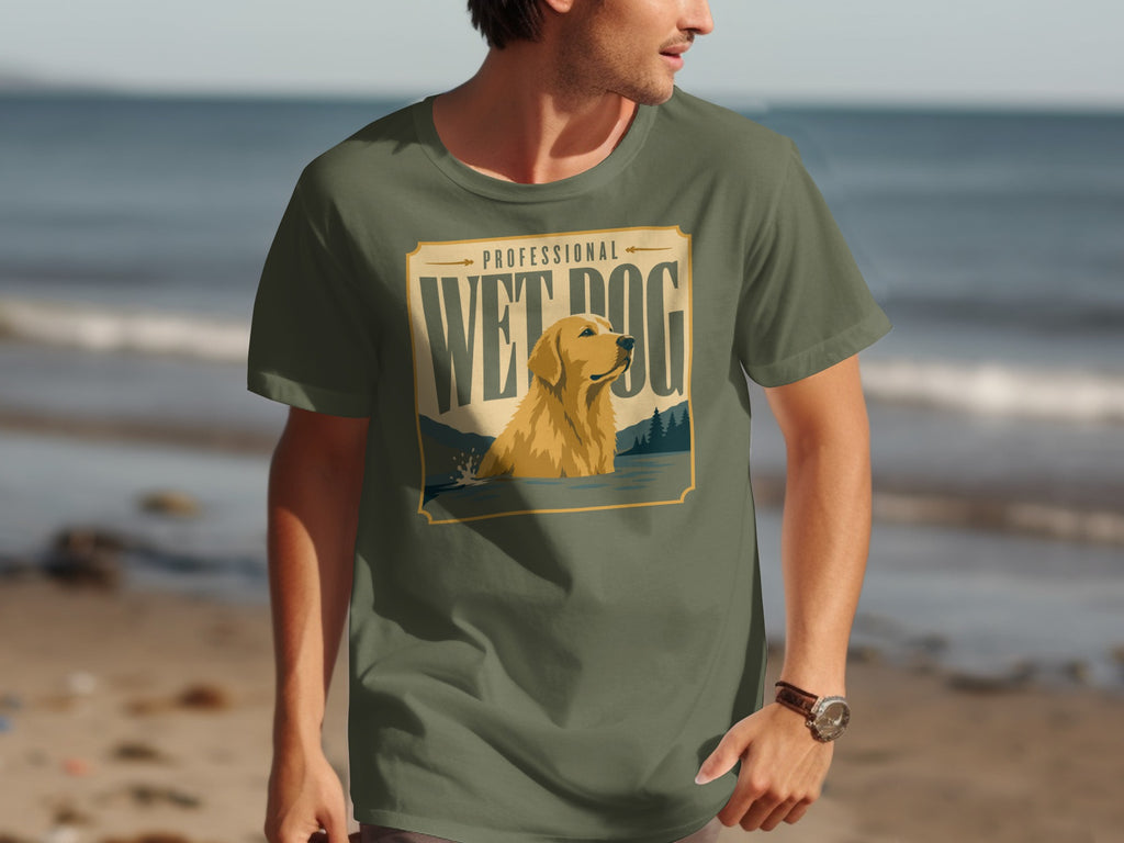 Green t-shirt with "PROFESSIONAL WET DOG" text and Golden Retriever in water.