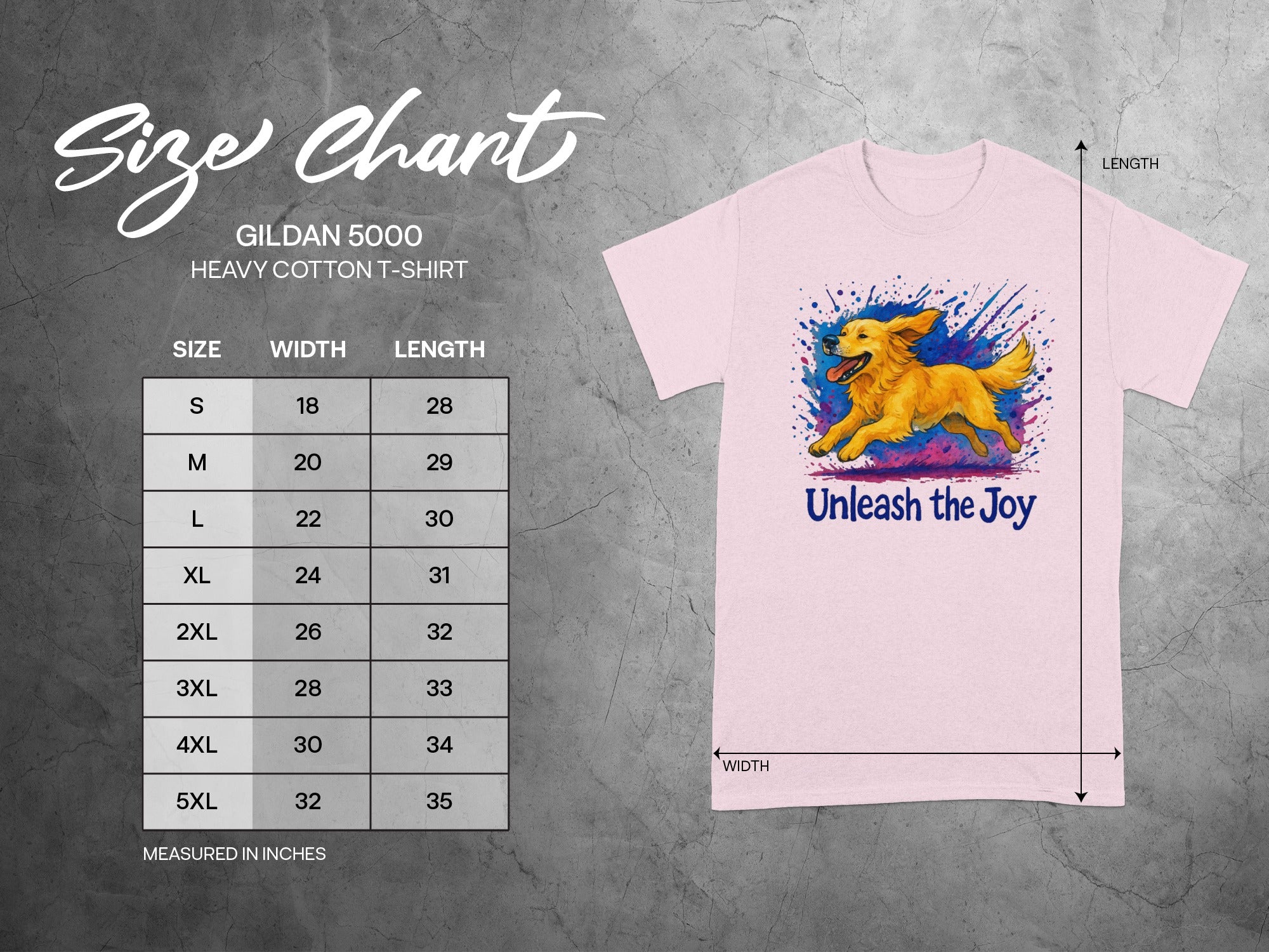 Gildan 5000 t-shirt size chart with running golden retriever graphic and text "Unleash the Joy".