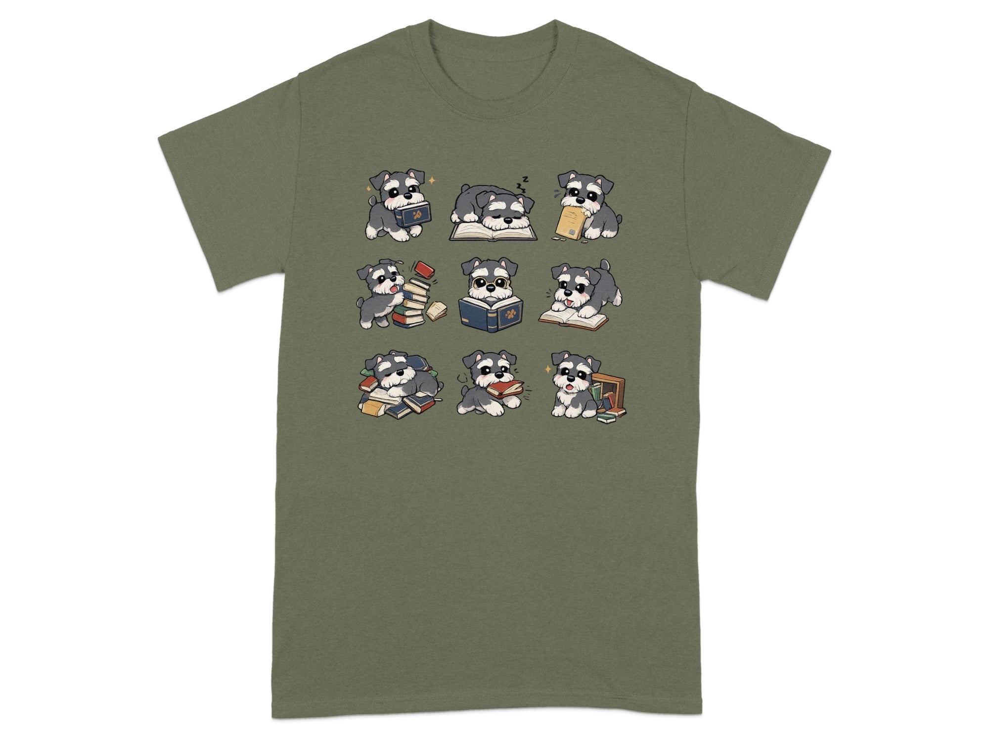 Nine illustrated schnauzer puppies interacting with books, some reading, some sleeping.
