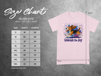 Gildan 5000 heavy cotton t-shirt size chart with dog graphic and text "Unleash the Joy."