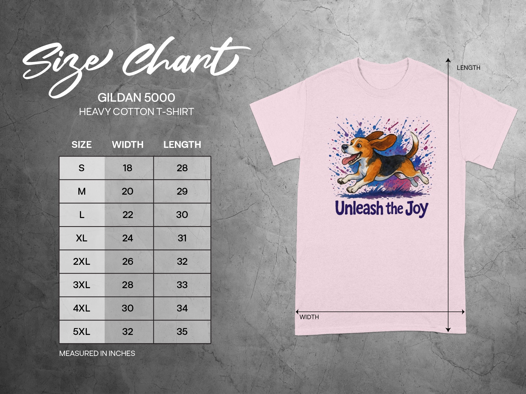 Gildan 5000 heavy cotton t-shirt size chart with dog graphic and text "Unleash the Joy."