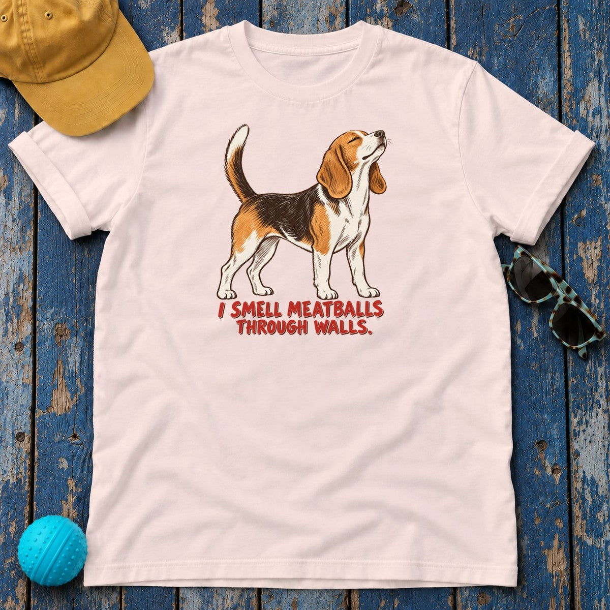 I Smell Meatballs Through Walls Beagle T-Shirt in Soft Pink - flat lay