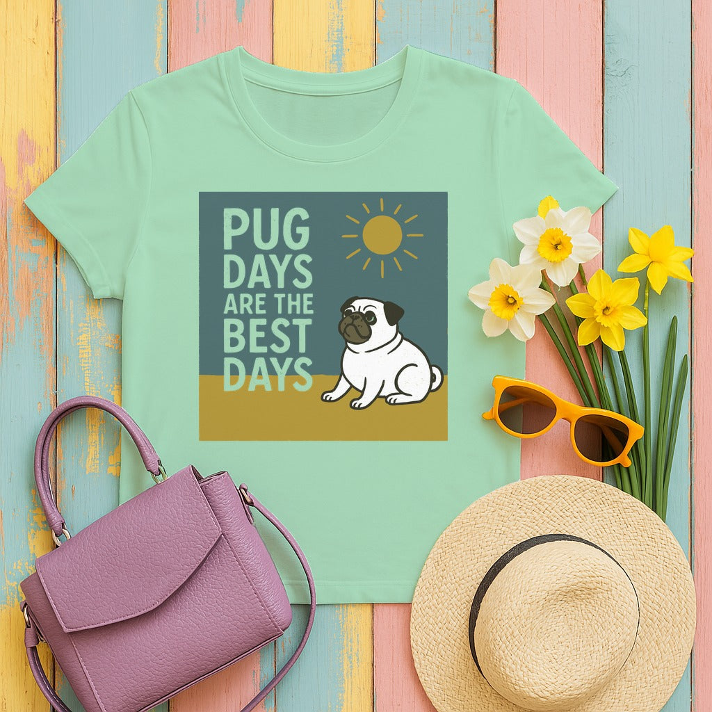 Sunny Pug Days Illustration T-shirt in Mint Green