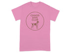 Brown circular logo with a dog and "CHAOS DOG CLUB" text on a pink t-shirt.