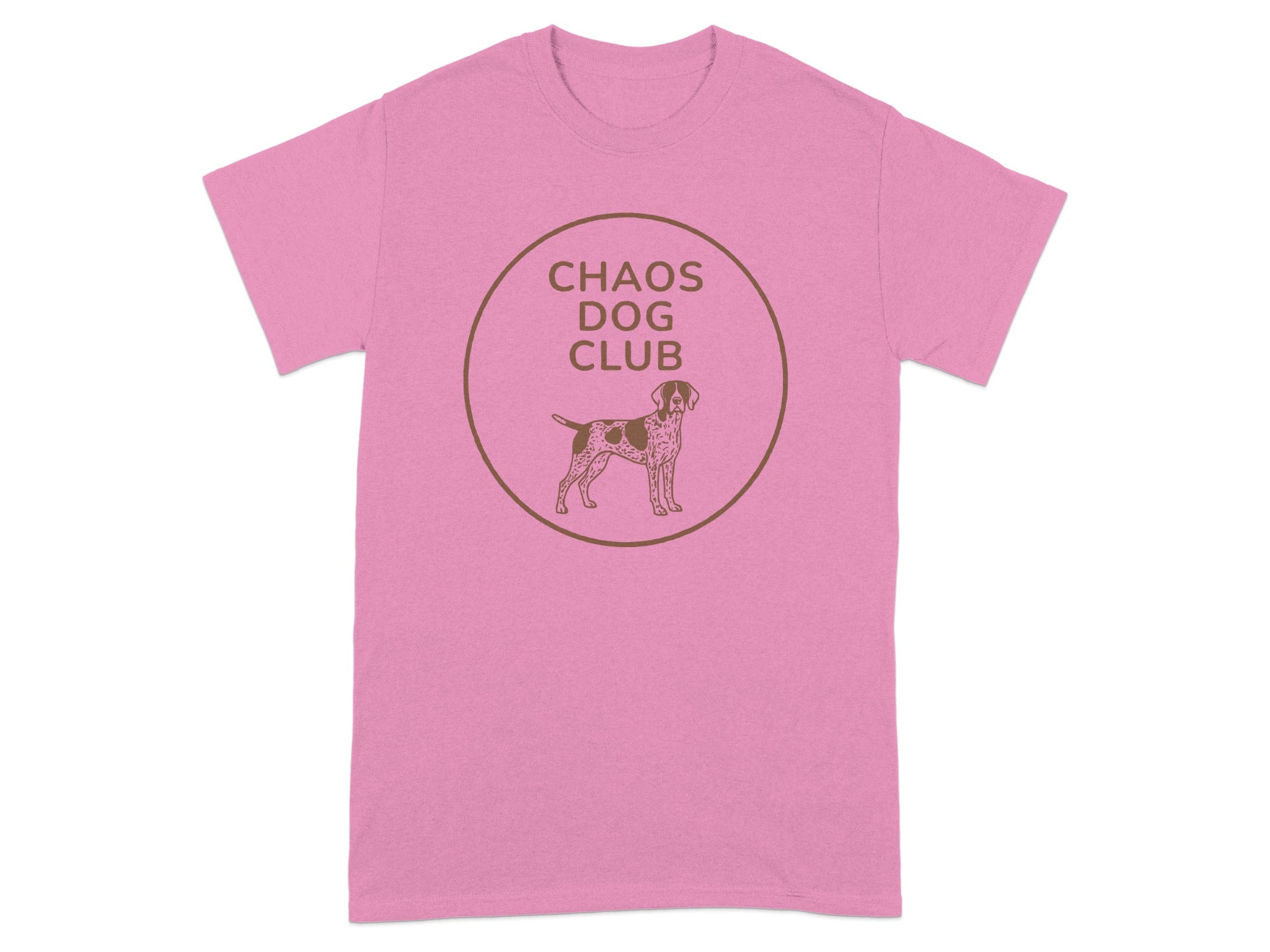 Brown circular logo with a dog and "CHAOS DOG CLUB" text on a pink t-shirt.
